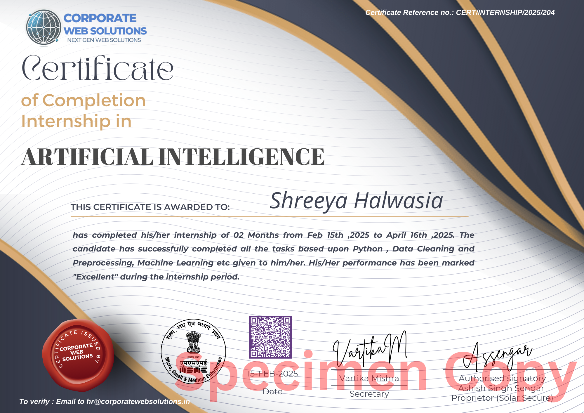 Artificial Intelligence with Machine Learning Training Certificate