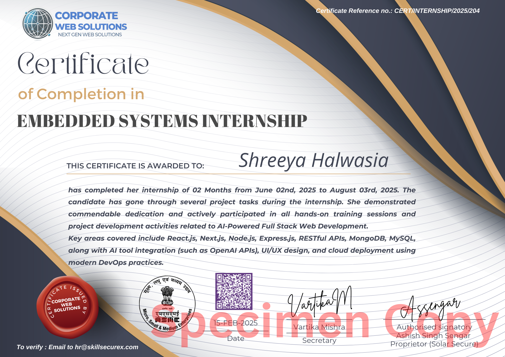Embedded Systems Internship Certificate