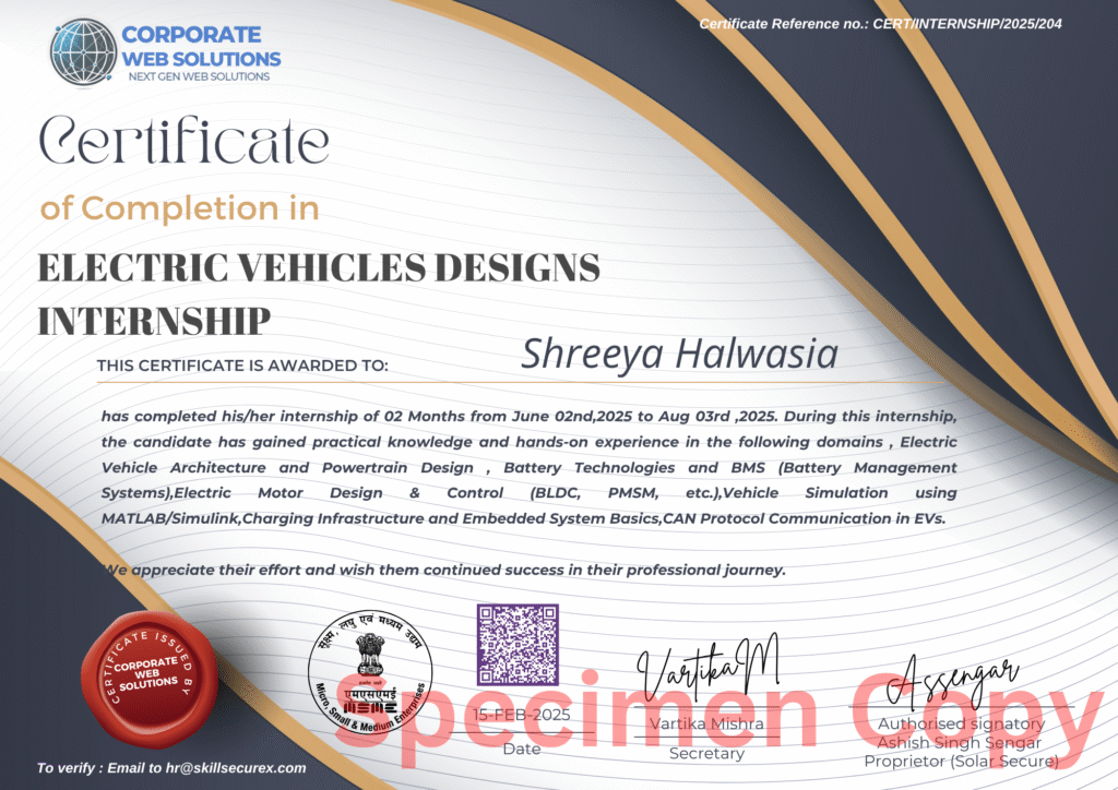 Electric vehicle design internship certificate for engineering students