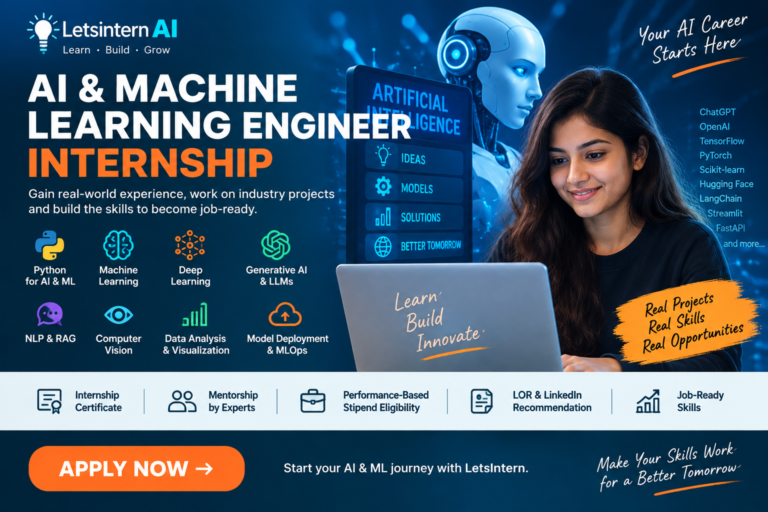 AI and Machine Learning Engineer Internship banner featuring Python, machine learning, deep learning, generative AI, NLP, computer vision and MLOps