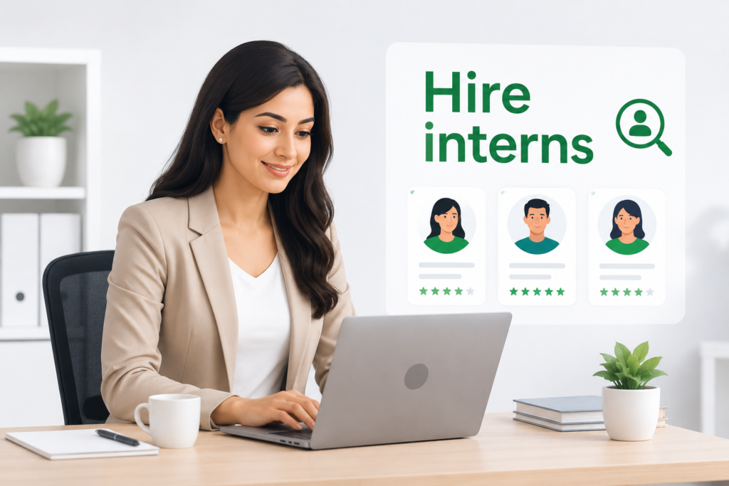 Female employer using a laptop to hire interns and review candidate profiles.